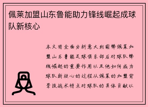 佩莱加盟山东鲁能助力锋线崛起成球队新核心 佩莱加盟山东鲁能助力锋线崛起成球队新核心