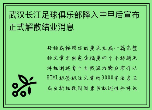 武汉长江足球俱乐部降入中甲后宣布正式解散结业消息